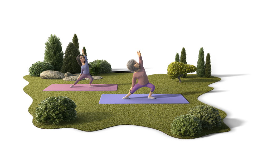 A woman with HCC and her daughter in a park doing yoga together