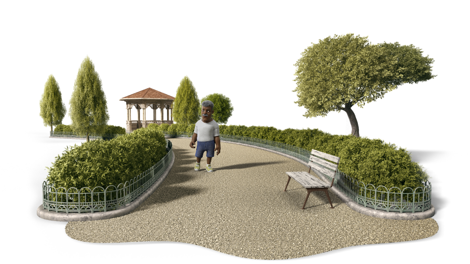 A man with HCC taking a stroll on a path through a park lined with trees 