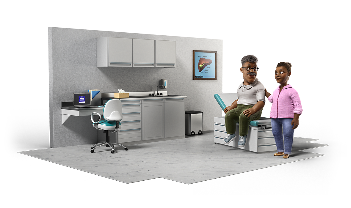 A man with HCC sitting on an exam room table at the doctor’s office with his wife standing next to him 