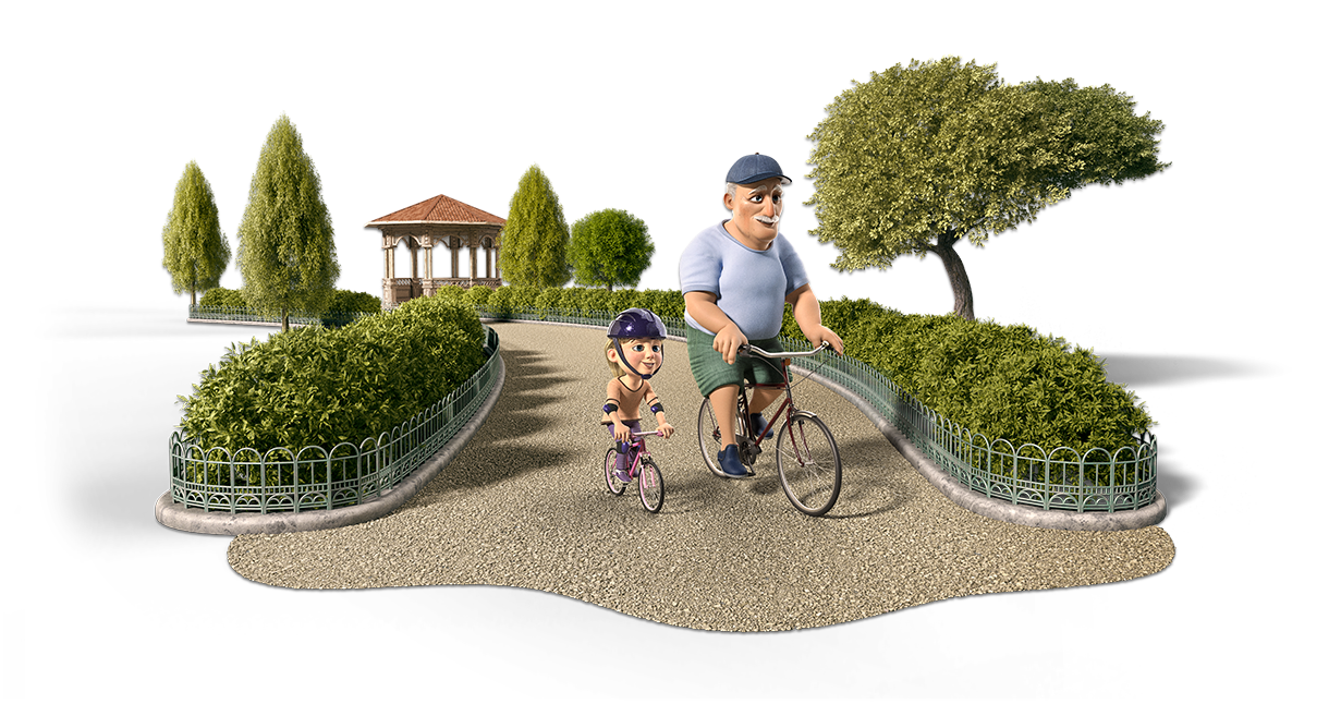 A man with HCC and his granddaughter biking on a path through a park