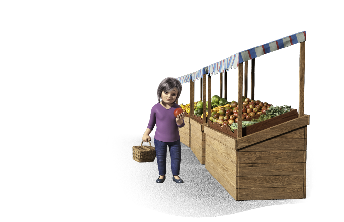 A woman with HCC shopping at a fresh fruit and vegetable stand, holding an apple